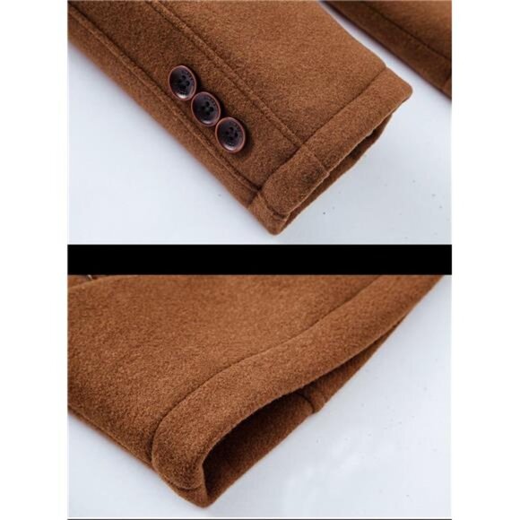 Men's Gentle Band Collar Single Breasted Wool Blend Pea Coat Brown - Picture 5 of 7